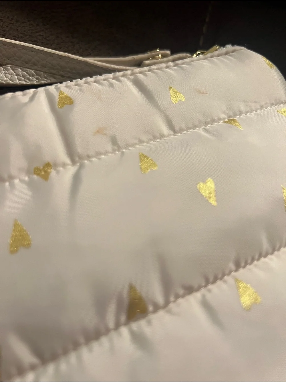 Women's White Wristlet Quilted Clutch with Gold Heart Accents